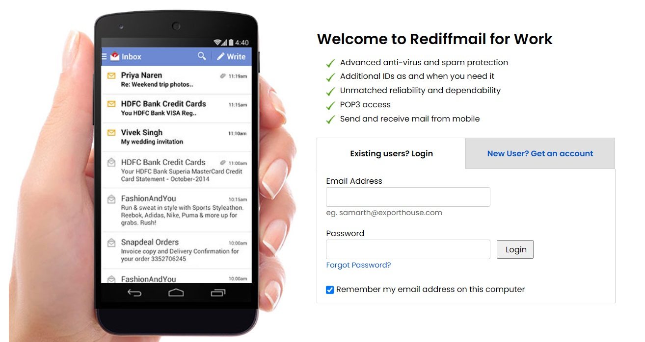 Rediffmail Pro Account Login on Mobile phone